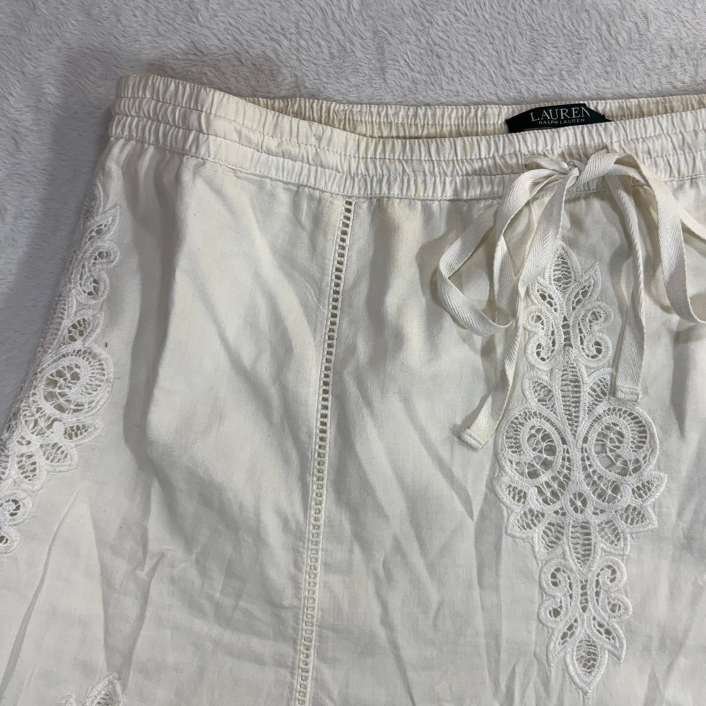 LRL XL White Knee-Length Skirt Bow Cotton Lace Embroidery Boho Fairy Cottage 70s - Picture 3 of 9